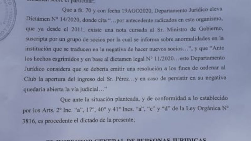 La IGPJ ordenó a Tesorieri incorporar como socio a Carlos Pérez