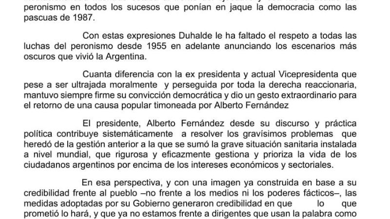 Repudio del PJ catamarqueño a expresiones de Duhalde