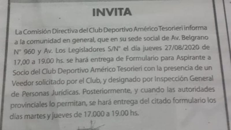Tesorieri entregará formularios para aspirantes a socios