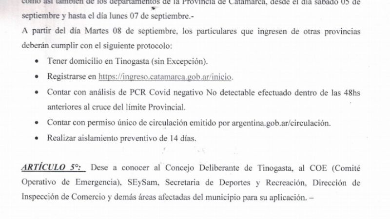 Tinogasta adhiere al decreto provincial de retorno a Fase 2