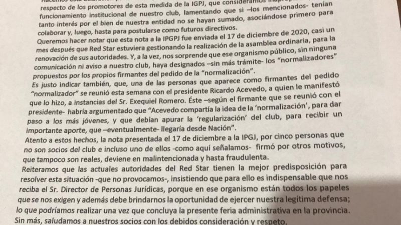 Red Star: “Quienes pidieron la ‘normalización’ no son socios”