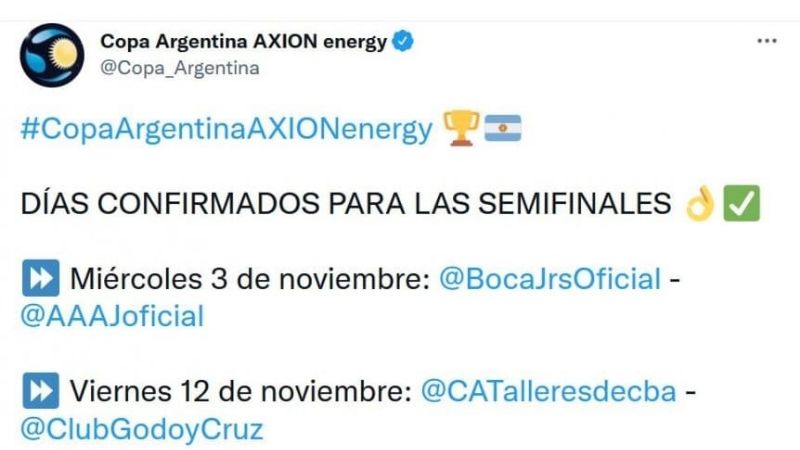 Boca-Argentinos, el 3/Nov., en la “semi” de Copa Argentina