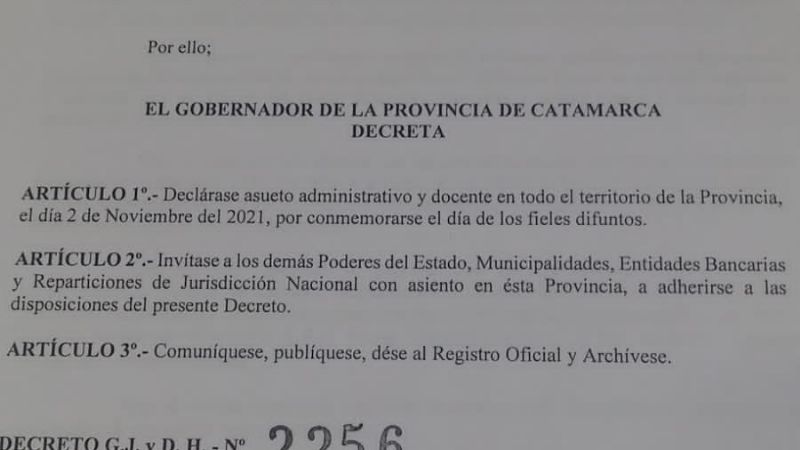 Asueto administrativo por el Día de los Fieles Difuntos