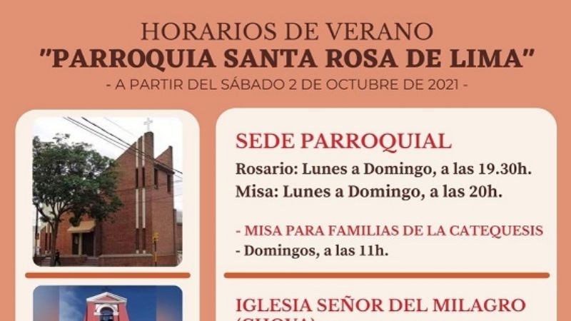 Horario de Misas y bautismos en  la parroquia Santa Rosa de Lima