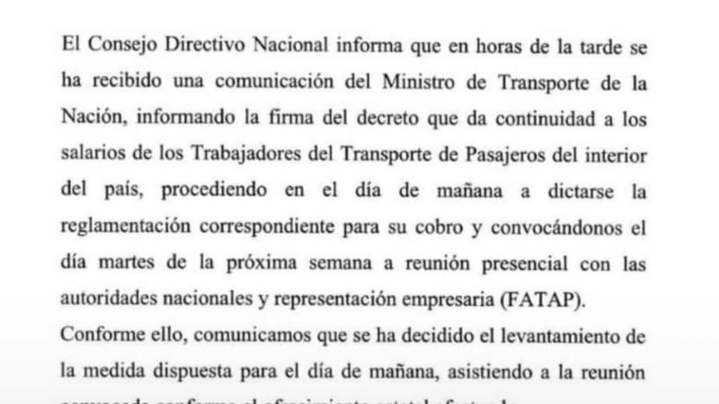 Se levantó el paro de transporte previsto para mañana