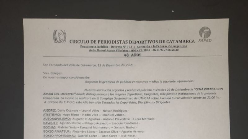 El “Círculo” presentó la Cena y Premiación del Deporte