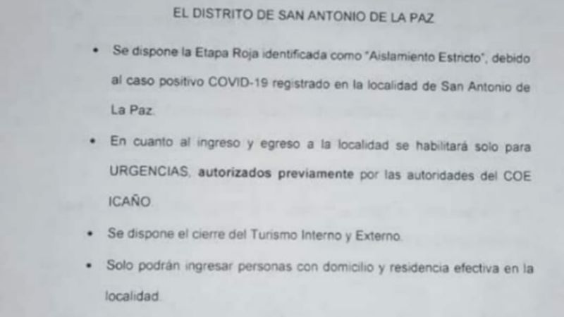 "Etapa Roja" para San Antonio de La Paz