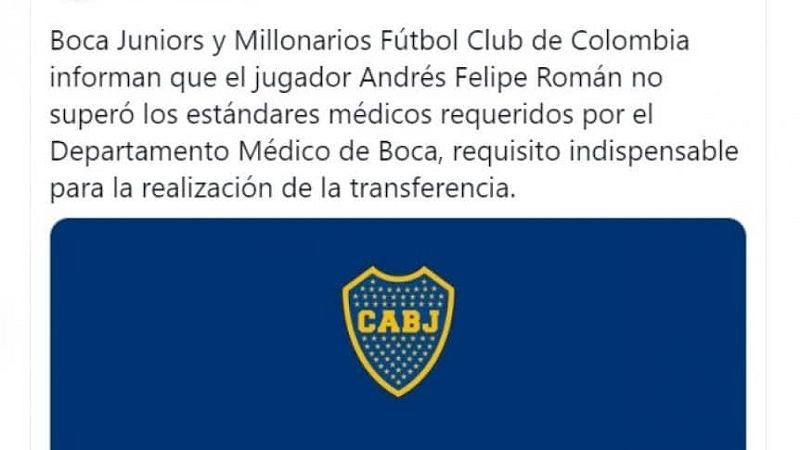 Felipe Román no pasó la revisión y Boca sin refuerzo