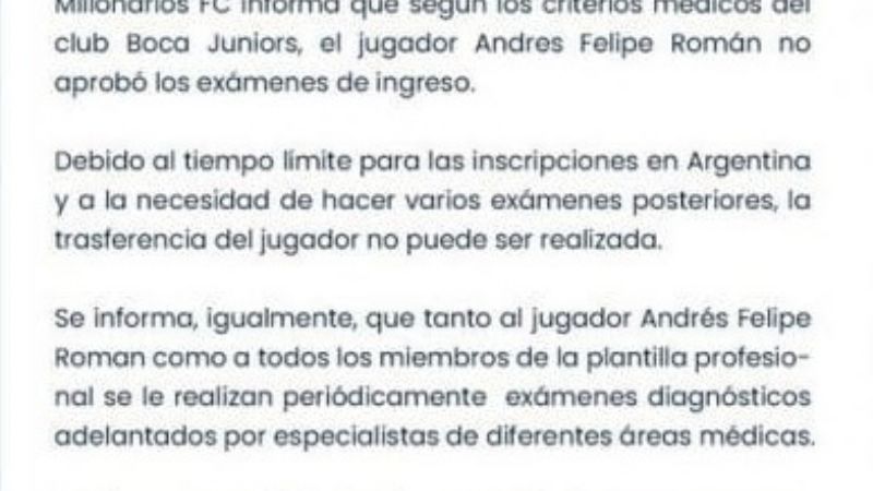 Felipe Román no pasó la revisión y Boca sin refuerzo