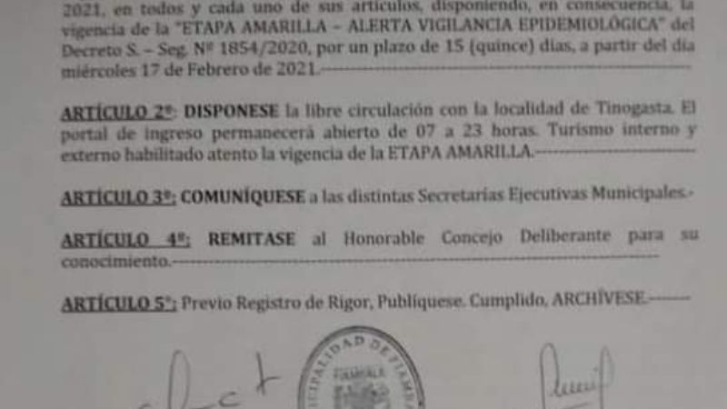 Rige nuevo horario de circulación en Fiambalá