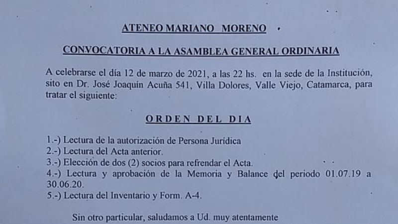 Ateneo Mariano Moreno convocó a Asamblea