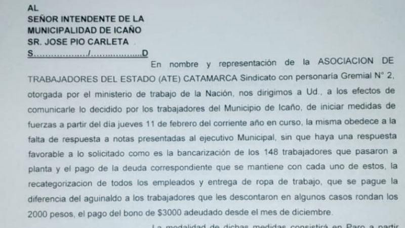 Municipales de Icaño anunciaron paro por tiempo indeterminado
