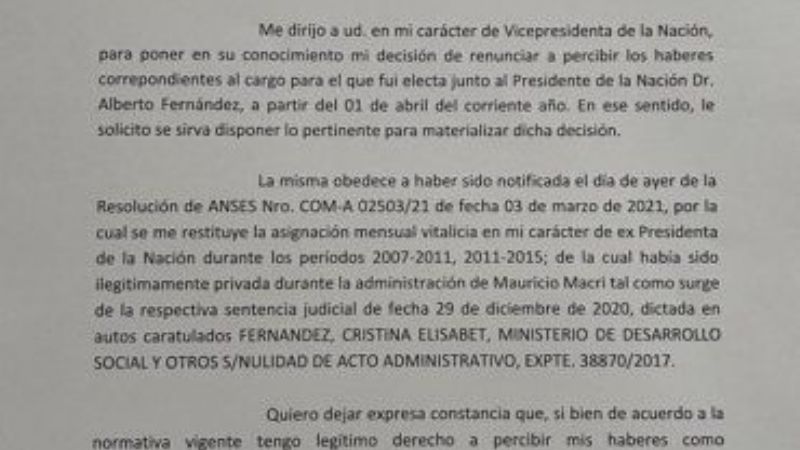 Cristina renunció a su sueldo de vicepresidenta