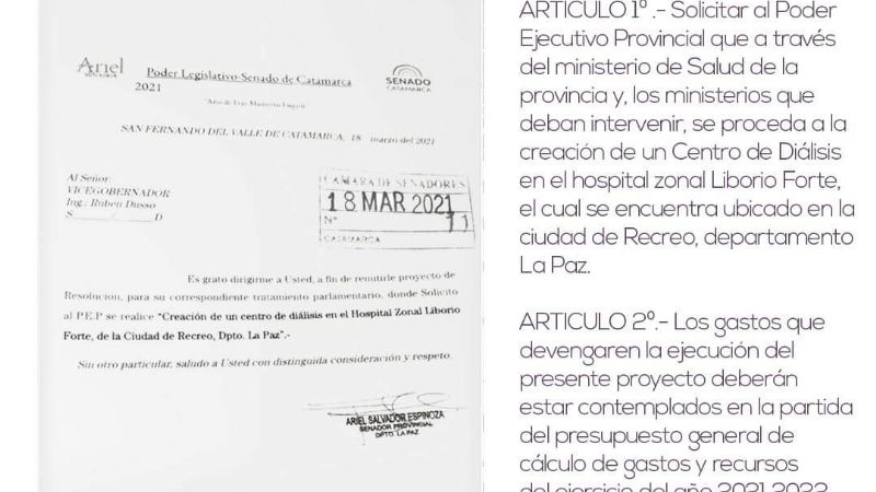 El senador Espinoza gestiona un Centro de Diálisis para el Hospital de Recreo