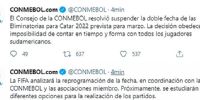 COMUNICADO OFICIAL de la Conmebol suspendiendo las Eliminatorias Sudamericanas de marzo.