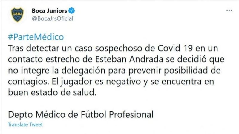 Otra baja en Boca; Andrada no viaja por “contacto estrecho”