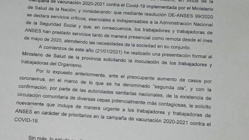 Trabajadores de ANSES piden vacunación prioritaria