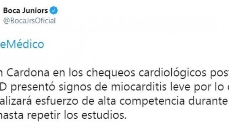 Cardona padece una miocarditis leve, a causa del coronavirus