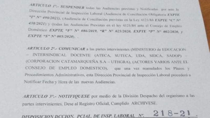 Inspección Laboral suspendió las conciliaciones