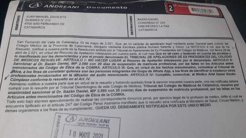Suspenden por 20 días al médico Bazán por falta al Código de Ética