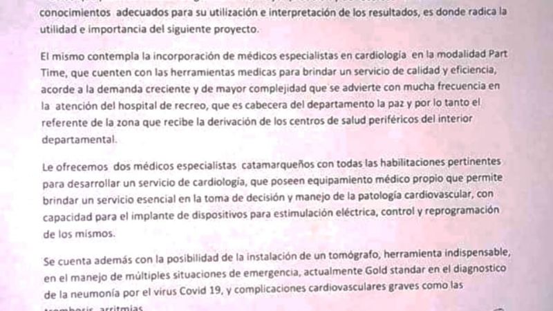 Piden un servicio de cardiología para el Hospital de Recreo