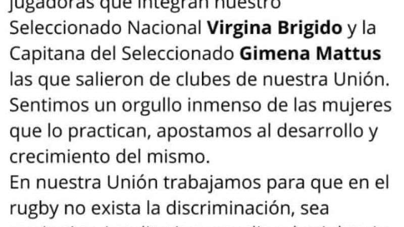 El rugby repudió discriminación de ex Puma hacia las mujeres