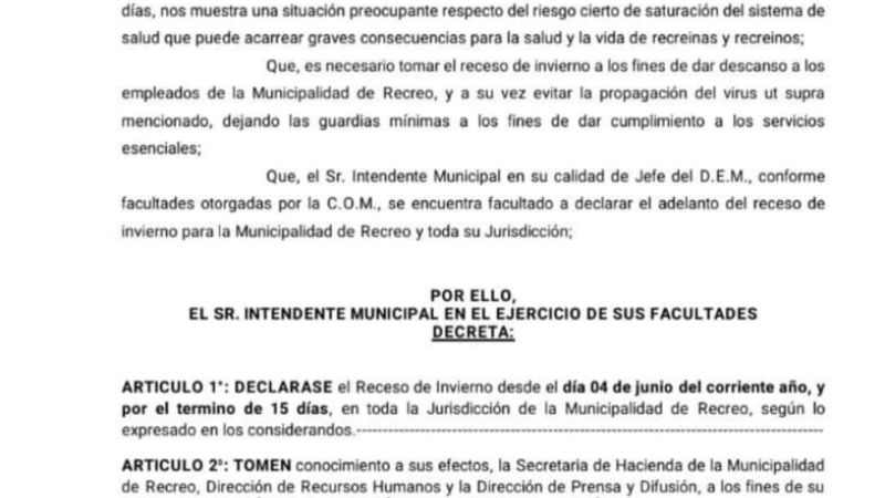 Receso invernal por 15 días "por crecimiento de contagios"