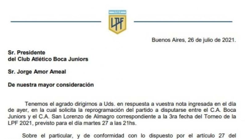 Otro "no" a Boca para atrasar el partido con San Lorenzo