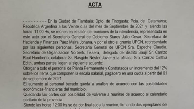 Municipales de Fiambalá recibirán 12% de aumento salarial