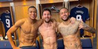 EL FESTEJO de Messi con Neymar y Mbappé, en el vestuario del PSG.