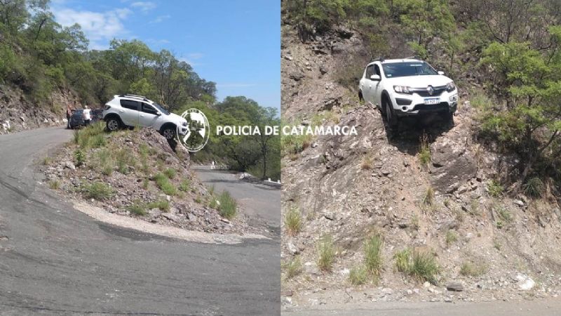 Auto quedó con dos ruedas al aire en la Cuesta El Portezuelo