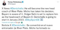 El tuit del periodista alemán sobre la llegada de Demichelis a River.