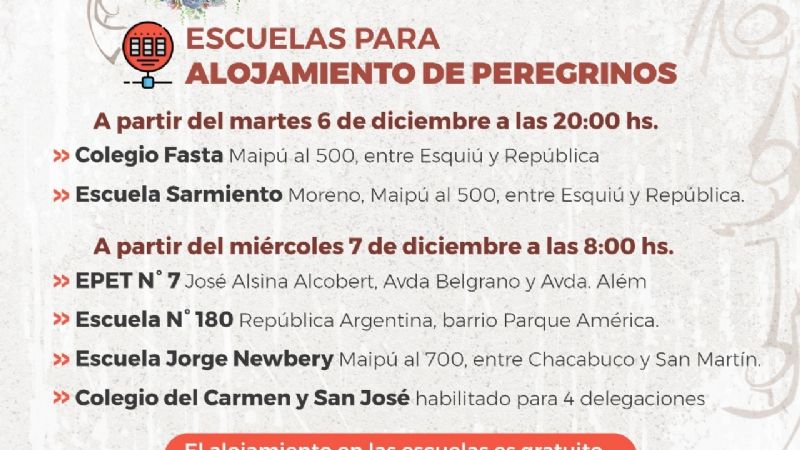 Escuelas habilitadas para peregrinos