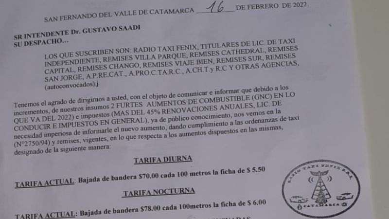 Formalizaron pedido de incremento de la tarifa de taxis y remises
