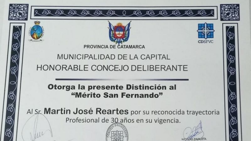Distinción “al Mérito San Fernando” para Martín Rearte