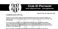 EL COMUNICADO OFICIAL del Club El Porvenir, sobre la medida adoptada.