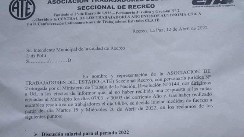 Municipales de Recreo van al paro