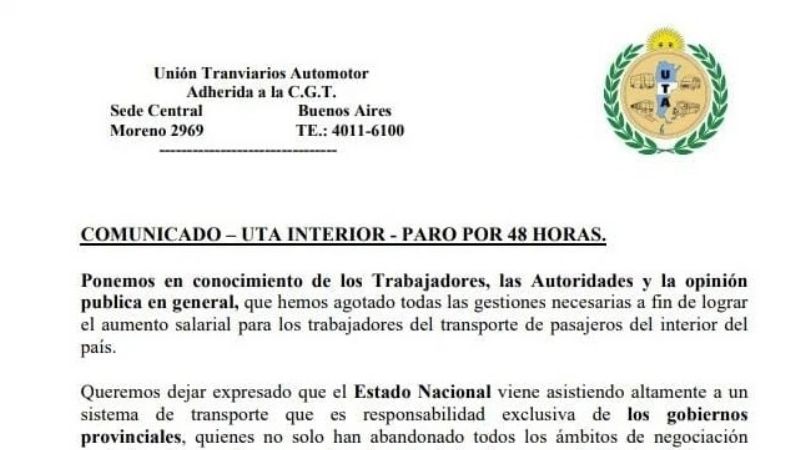 Transporte de pasajeros del interior del País va a paro por 48 horas