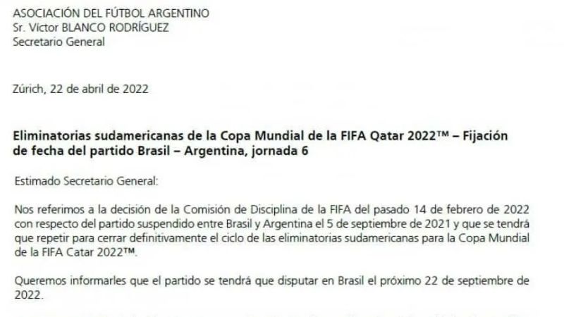 FIFA ordenó el suspendido Brasil-Argentina, para septiembre