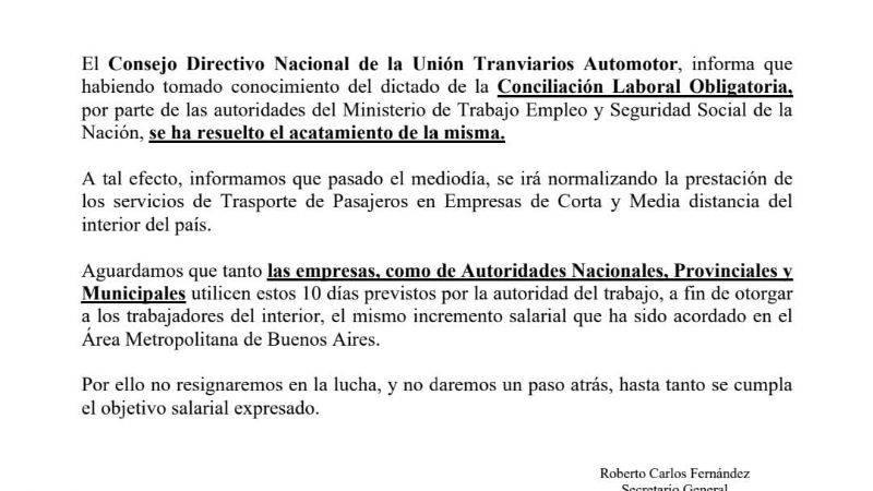 A UTA Catamarca le llegó la notificación y acata la conciliación obligatoria