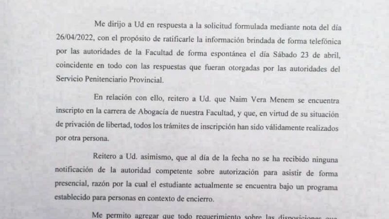 Confirmaron que Naim Vera cursa abogacía en la UNCa