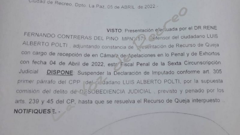 Polti presentó "recurso de queja" en la Cámara de Apelaciones