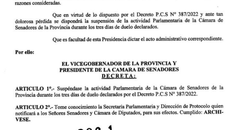 La Cámara de Senadores suspendió sus actividades por duelo