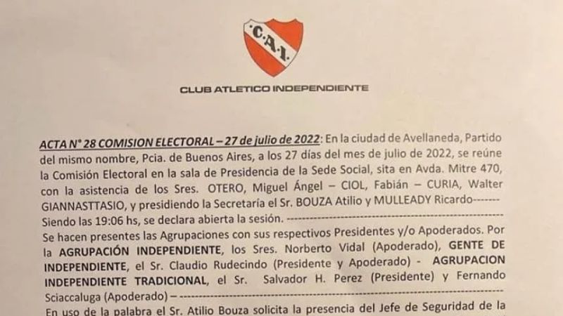 El 2 de octubre serán las elecciones en Independiente