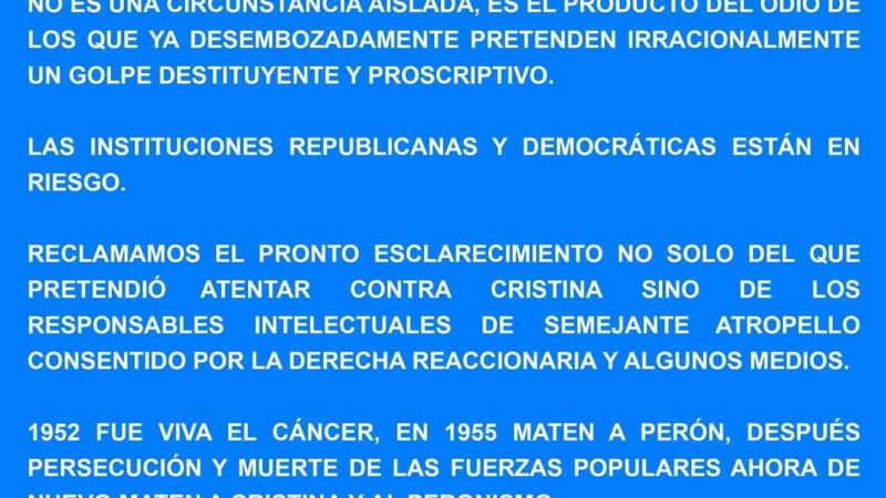 El PJ se solidarizó con Cristina