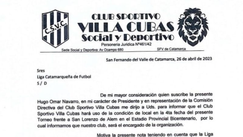 Villa Cubas pidió jugar con San Lorenzo en el “Bicentenario”