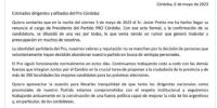 EL PRO cordobés anunciando la renuncia de su presidente, que será vice de Passerini, en la Municipalidad de Córdoba.