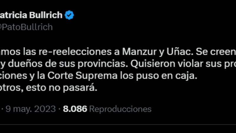 Patricia Bullrich: "Les frenamos las re-reeleciones a Manzur y Uñac"
