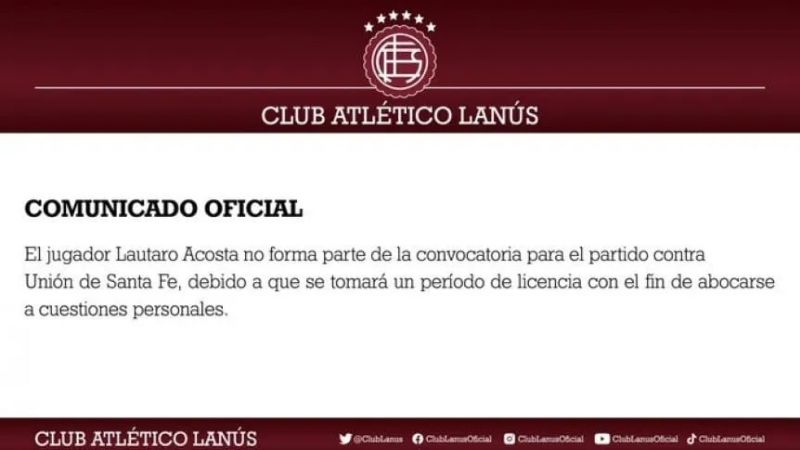 Lanús separó a Acosta por denuncia de violencia de género