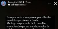 LA DISCULPA DE GIROTTI a través de las redes sociales.